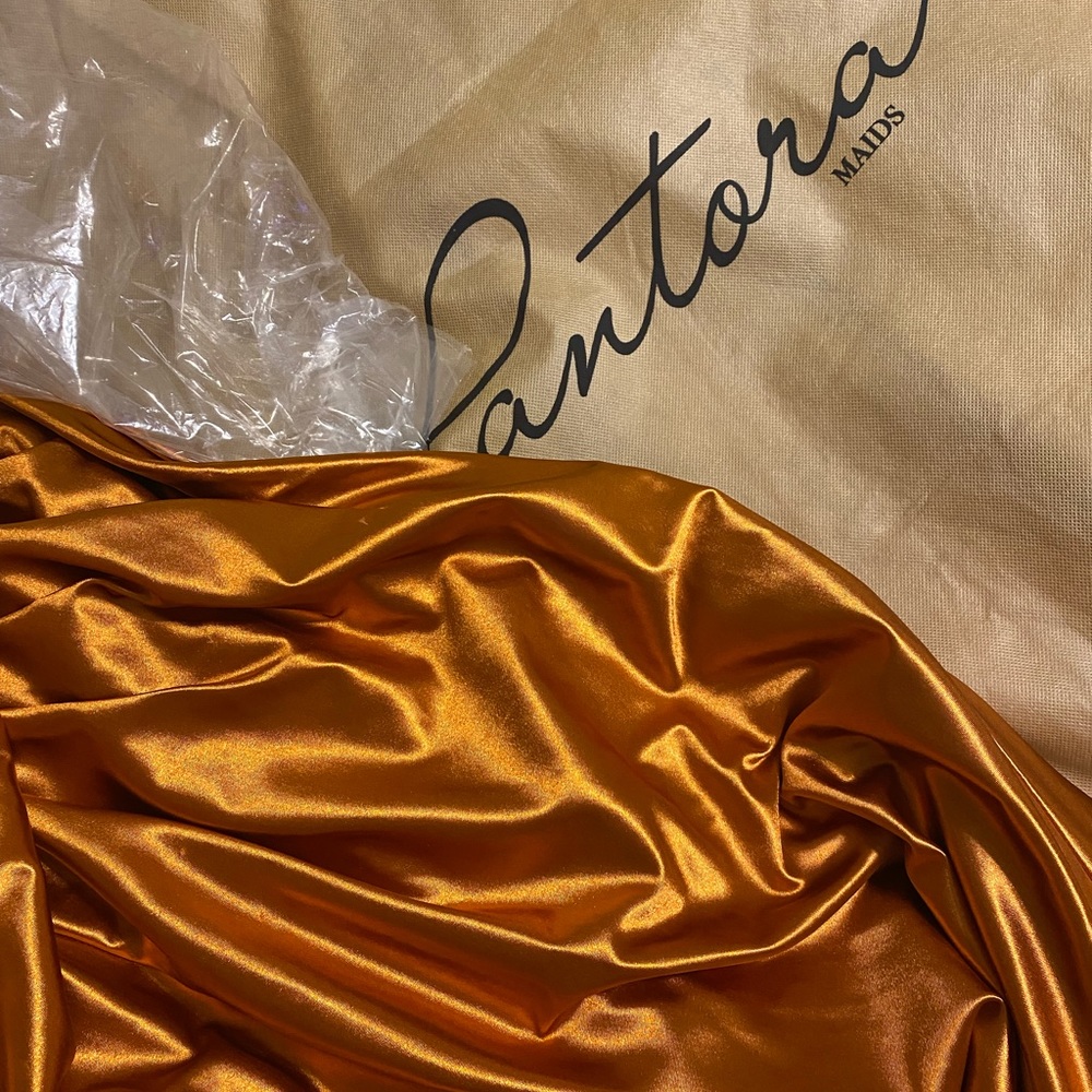 Copper stretch satin bridesmaid dress w/ slit